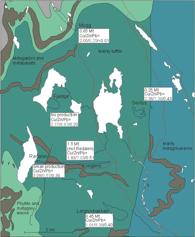 Nordgruvefeltet Ligger i fyllitt, metagråvakke og tuffitt tilhørende Røsjø formasjonen Tynne (< 1 m), plate- og linjalformede forekomster.