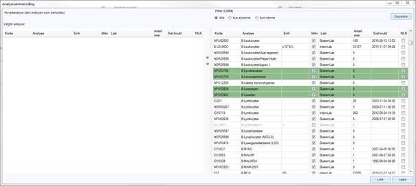 Her ser du at den grønne bakgrunnsfargen er gjenbrukt. Dersom du allerede nå ønsker å manuelt slå sammen analyser i NLK er det enklere å se hvilken analysekode som skal være hoved.