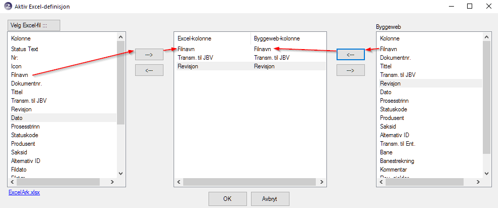 BIM2Share Extended Workspace: Brukerveiledning side 20/51 5. I det venstre feltet sees metadatafeltene som er hentet fra Excel-arket. 6. Nå skal vi koble de to metadafeltene mot hverandre.