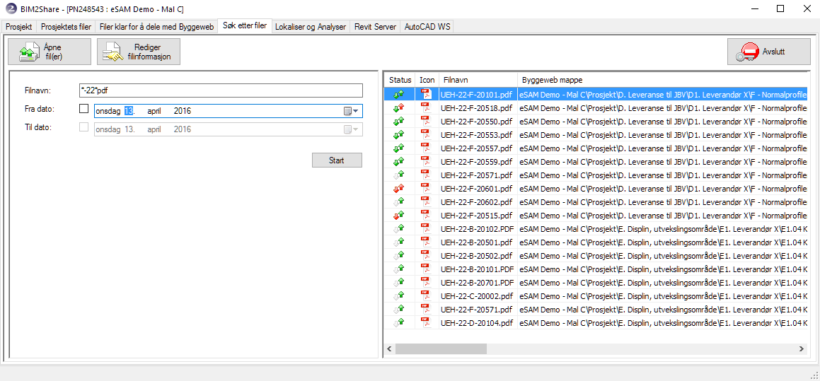 BIM2Share Extended Workspace: Brukerveiledning side 51/51 8. Velg søket i nedtrekkslisten. 9. Programmet viser status for hver enkelt fil.