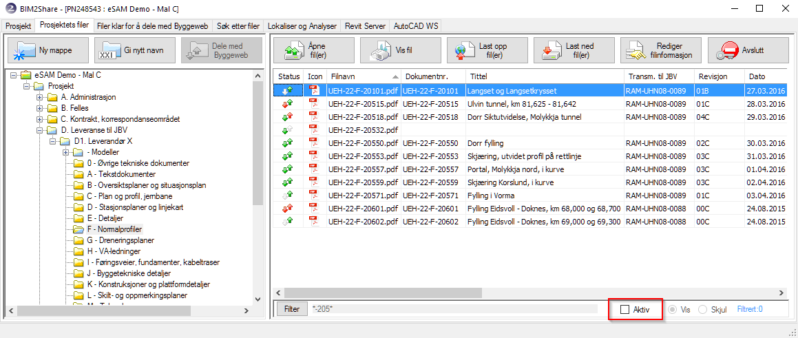 BIM2Share Extended Workspace: Brukerveiledning side 9/51 3.4 Filter Man kan definere ulike filtertyper for dokumenter. Bruk wildcards som «*» og «?». 3.4.1 Definere filter Ved å klikke på «Filter»-knappen vil man få mulighet til å definere det filteret som skal brukes.