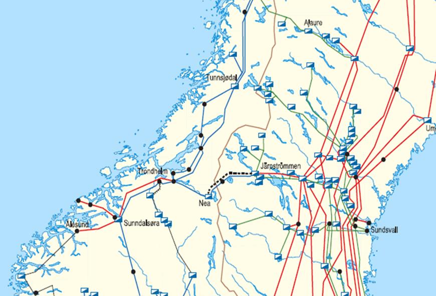 Nettskisse Midt-Norge Merk nettet på svensk side 6x420 kv-l nord for