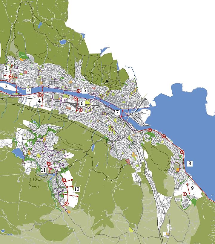 Kommuneplanens arealdel Planbeskrivelse 73 Utsnitt av temakart grønnstruktur fremtidige møteplasser og forbindelser er ikke nøyaktig plassert, men indikerer et behov for byen/ bydelen / området