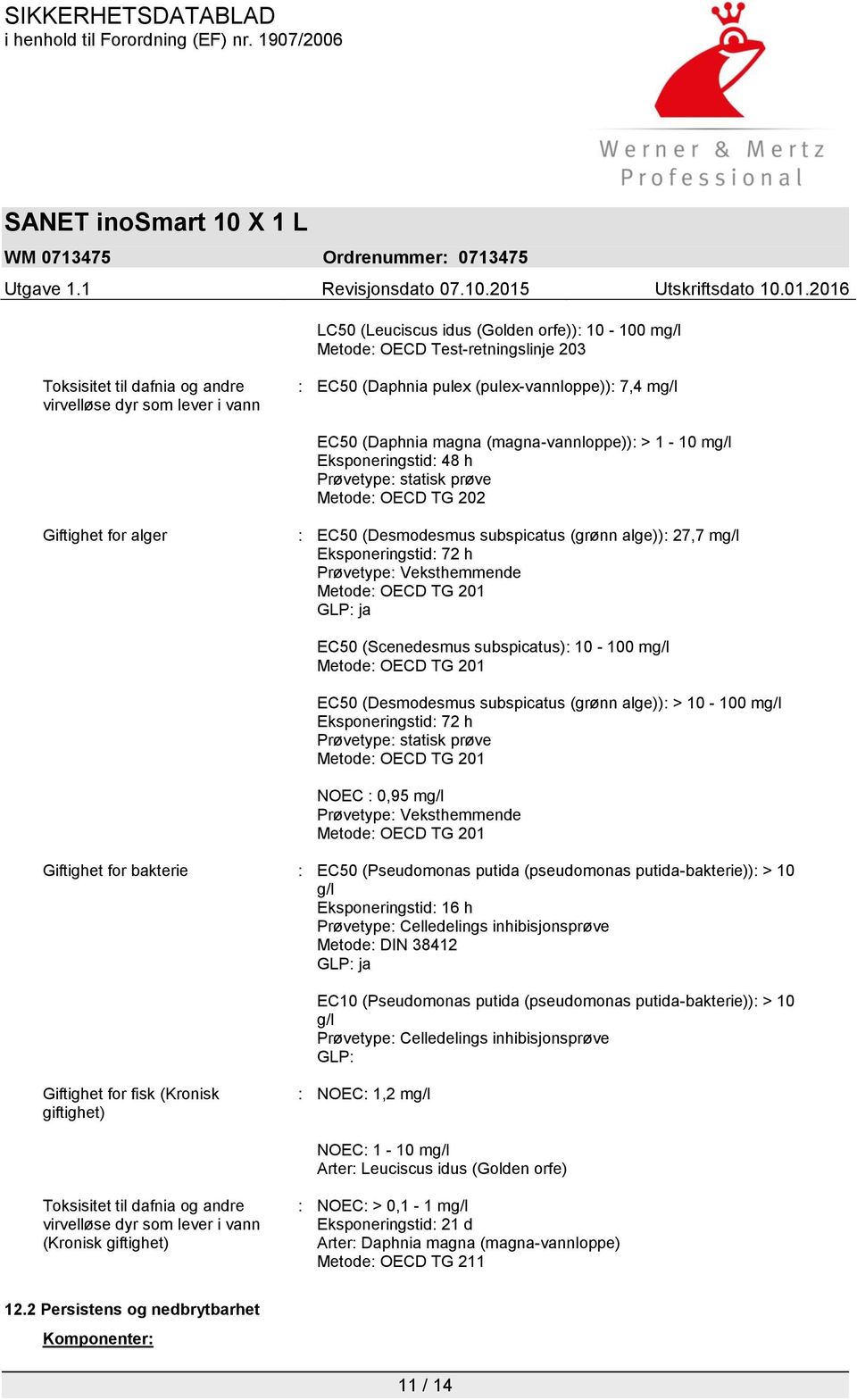 Eksponeringstid: 72 h Prøvetype: Veksthemmende Metode: OECD TG 201 GLP: ja EC50 (Scenedesmus subspicatus): 10-100 mg/l Metode: OECD TG 201 EC50 (Desmodesmus subspicatus (grønn alge)): > 10-100 mg/l