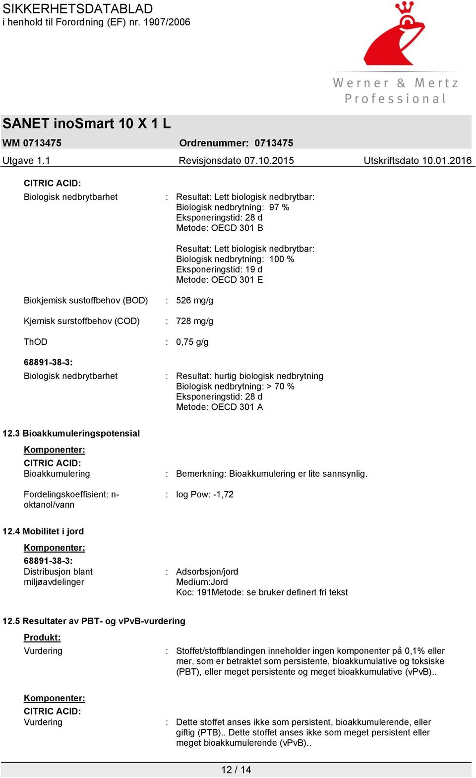 Resultat: hurtig biologisk nedbrytning Biologisk nedbrytning: > 70 % Eksponeringstid: 28 d Metode: OECD 301 A 12.