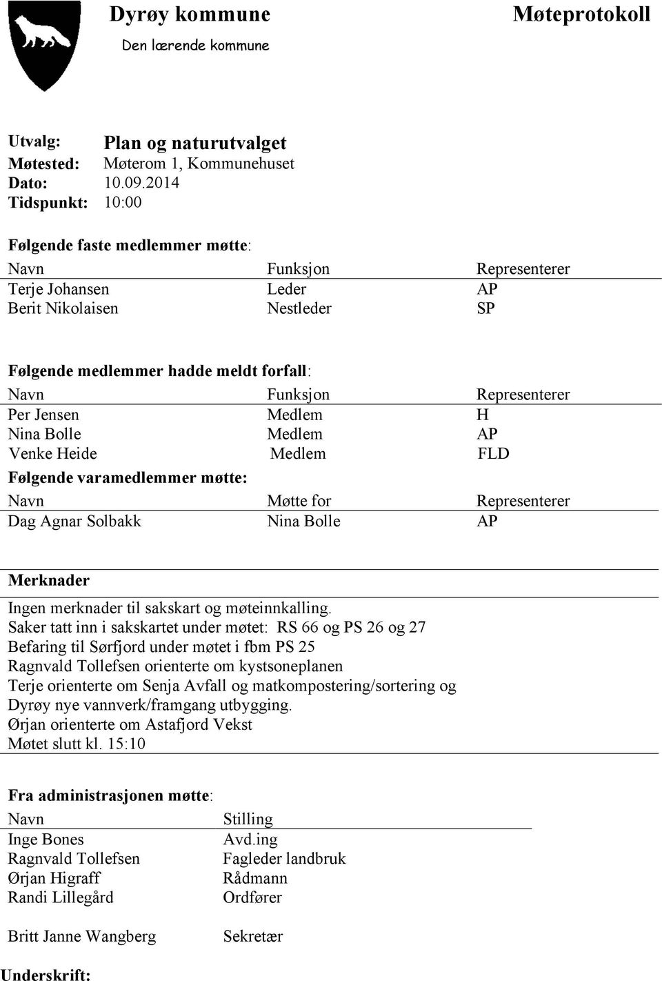 Representerer Per Jensen Medlem H Nina Bolle Medlem AP Venke Heide Medlem FLD Følgende varamedlemmer møtte: Navn Møtte for Representerer Dag Agnar Solbakk Nina Bolle AP Merknader Ingen merknader til