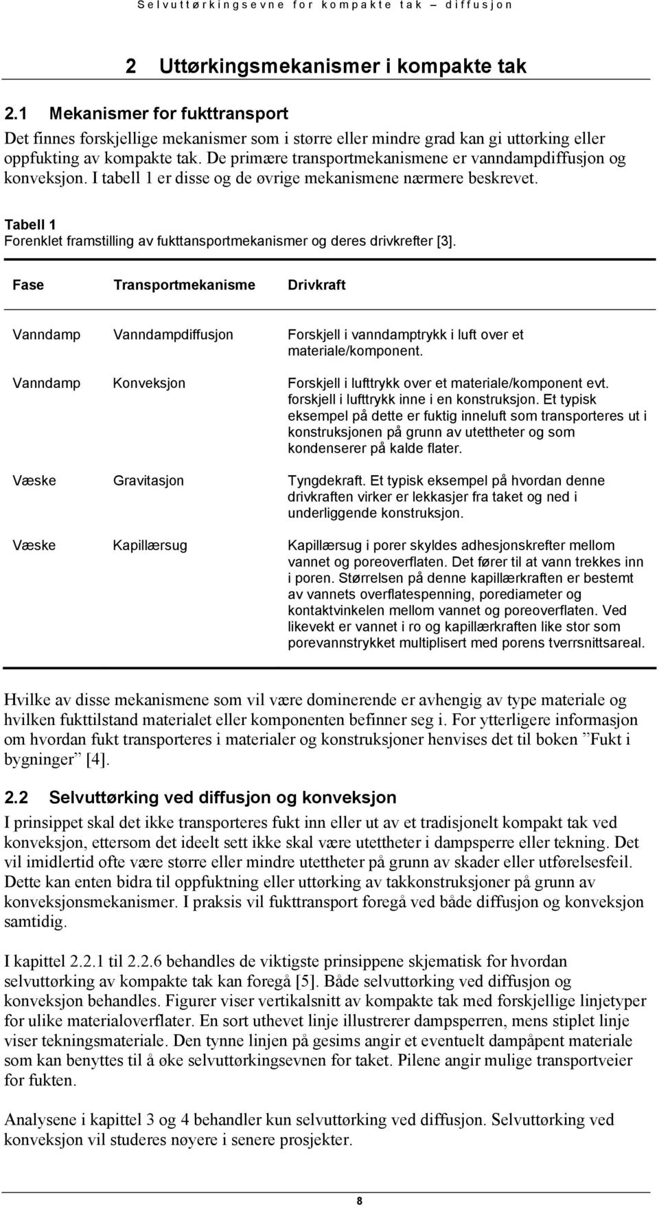 Tabell 1 Forenklet framstilling av fukttansportmekanismer og deres drivkrefter [3].