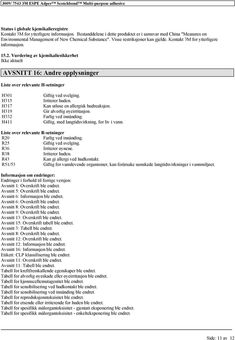 Vurdering av kjemikaliesikkerhet AVSNITT 16: Andre opplysninger Liste over relevante H-setninger H301 H315 H317 H319 H332 H411 Giftig ved svelging. Irriterer huden.