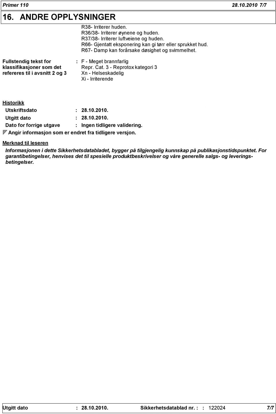 - Reprotox kategori Xn - Helseskadelig Xi - Irriterende Historikk Utskriftsdato 28.10.2010. Utgitt dato 28.10.2010. Dato for forrige utgave Ingen tidligere validering.