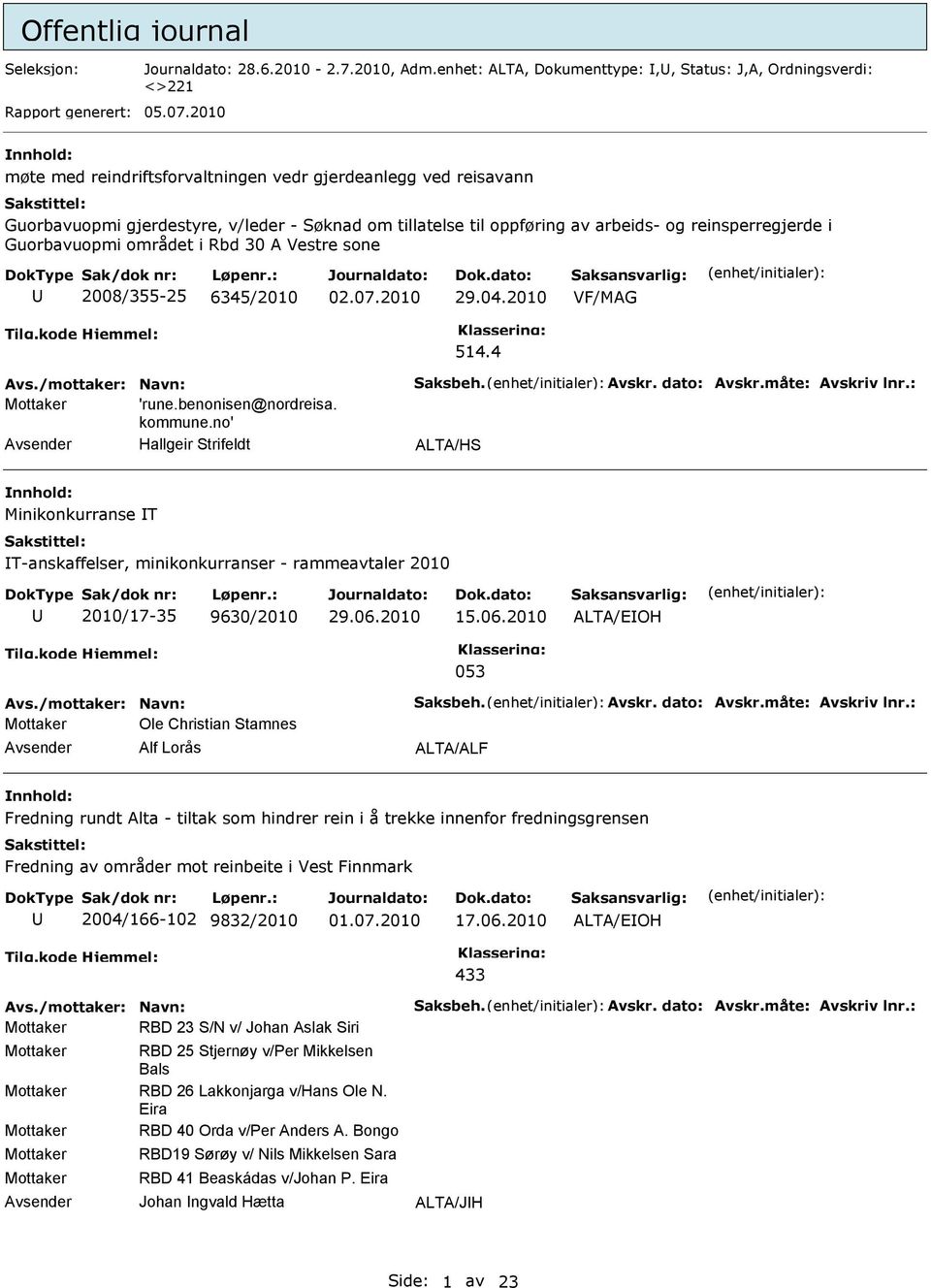 Rbd 30 A Vestre sone 2008/355-25 6345/2010 29.04.2010 VF/MAG 514.4 Mottaker 'rune.benonisen@nordreisa. kommune.