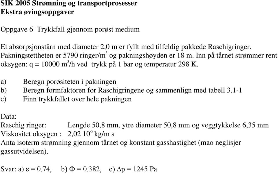 a) Beregn porøsiteten i pakningen b) Beregn formfaktoren for Raschigringene og sammenlign med tabell.