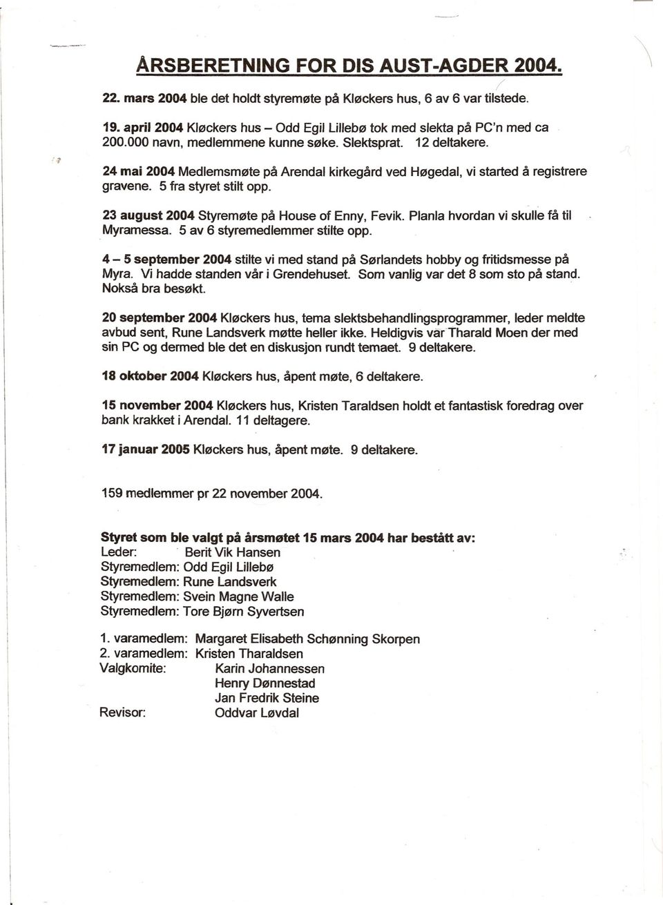 24 mai 2004 Medlemsmøte på Arendal kirkegård ved Høgedal, vi started å registrere gravene. 5 fra styret stilt opp. 23 august 2004 Styremøte på House of Enny, Fevik.