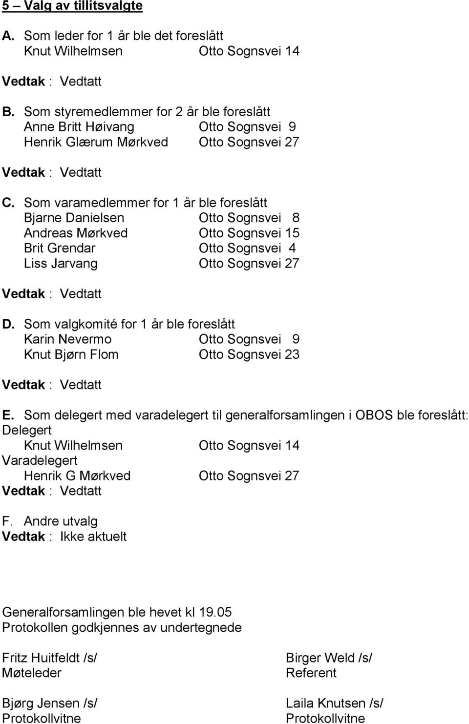 Som varamedlemmer for 1 år ble foreslått Bjarne Danielsen Otto Sognsvei 8 Andreas Mørkved Otto Sognsvei 15 Brit Grendar Otto Sognsvei 4 Liss Jarvang Otto Sognsvei 27 D.