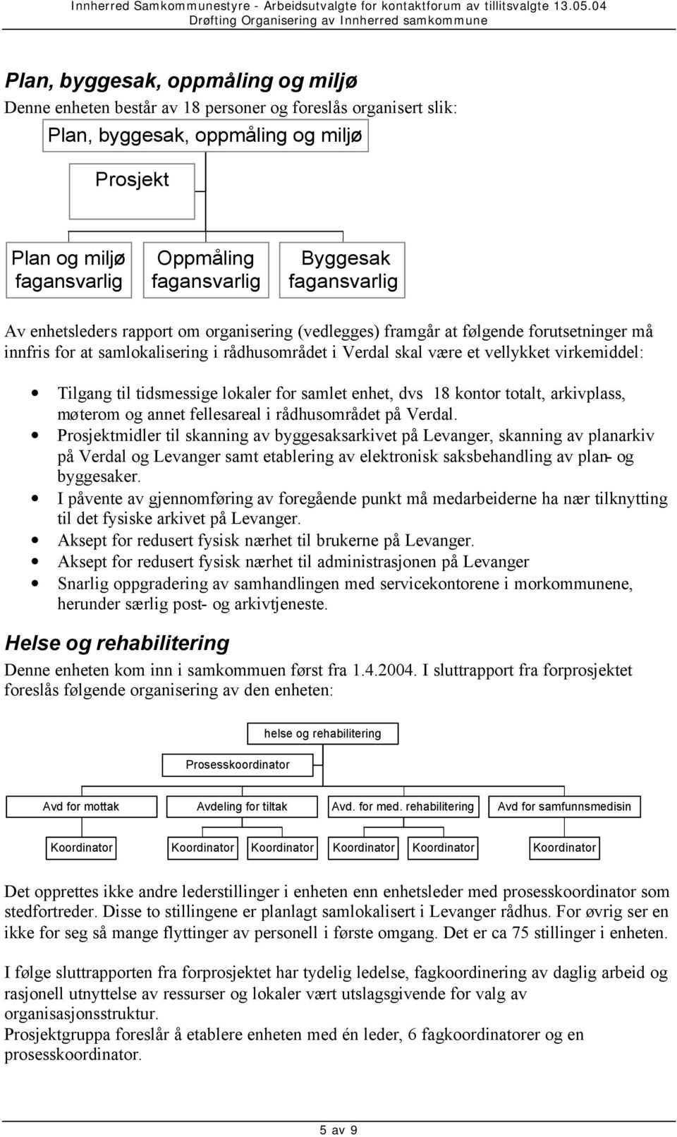 Tilgang til tidsmessige lokaler for samlet enhet, dvs 18 kontor totalt, arkivplass, møterom og annet fellesareal i rådhusområdet på.