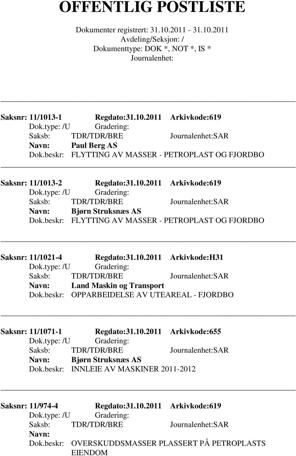 beskr: OPPARBEIDELSE AV UTEAREAL - FJORDBO Saksnr: 11/1071-1 Regdato:31.10.2011 Arkivkode:655 Saksb: TDR/TDR/BRE SAR Bjørn Struksnæs AS Dok.