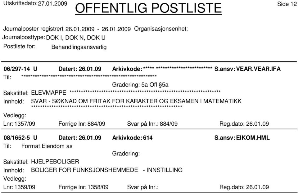 KARAKTER OG EKSAMEN I MATEMATIKK Lnr: 1357/09 Forrige lnr: 884/09 Svar på lnr.: 884/09 Reg.dato: 26.01.09 08/1652-5 U Datert: 26.01.09 Arkivkode:614 S.