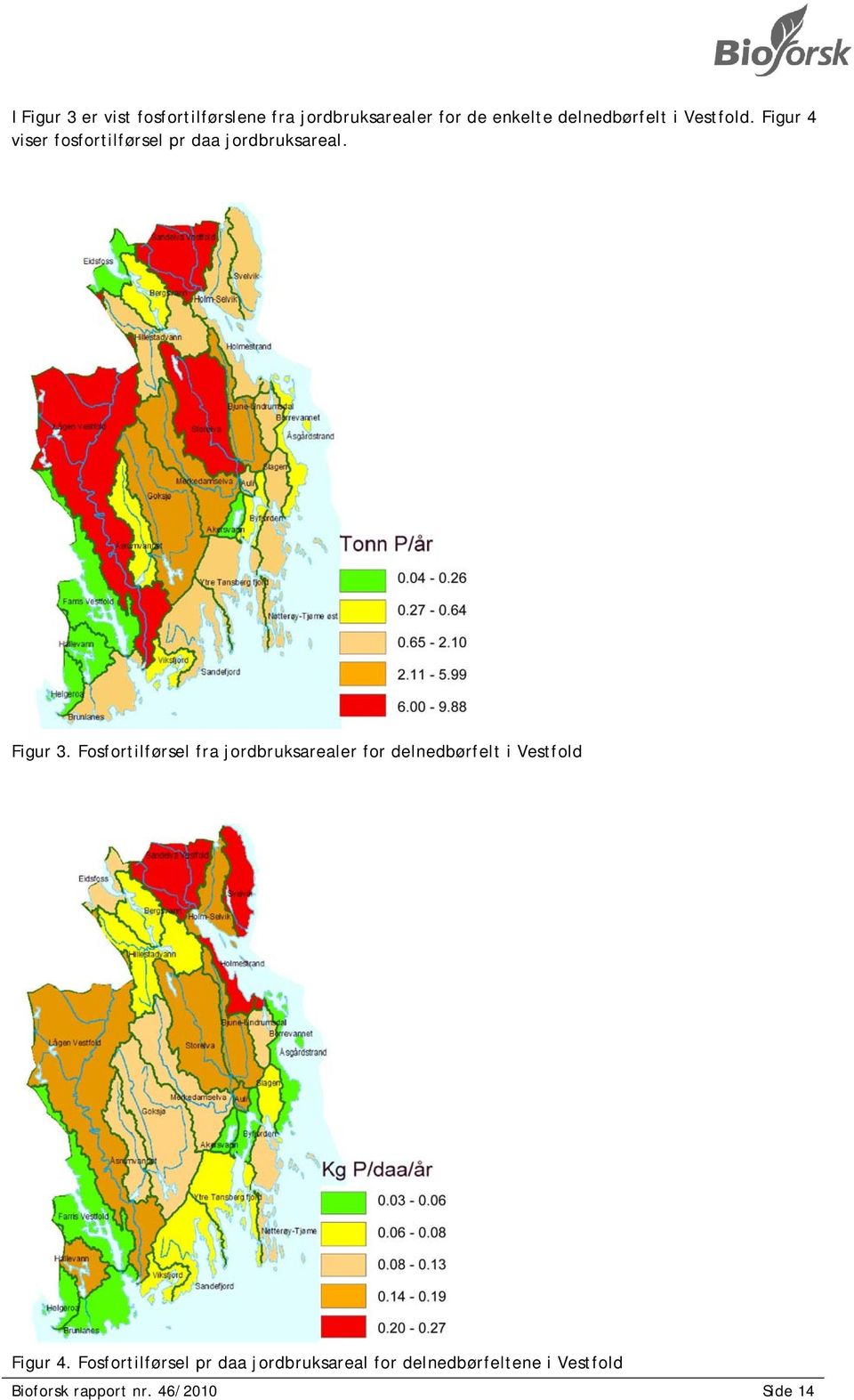 Fosfortilførsel fra jordbruksarealer for delnedbørfelt i Vestfold Figur 4.