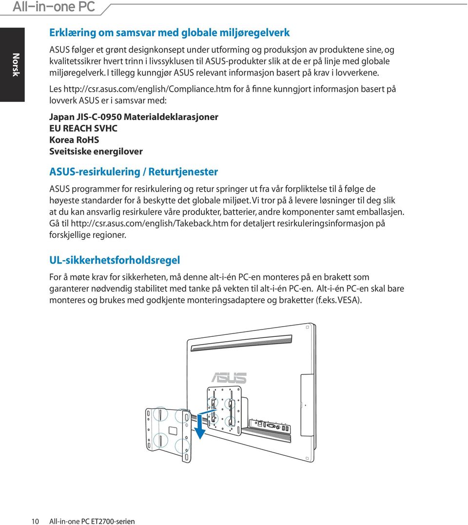 htm for å finne kunngjort informasjon basert på lovverk ASUS er i samsvar med: Japan JIS-C-0950 Materialdeklarasjoner EU REACH SVHC Korea RoHS Sveitsiske energilover ASUS-resirkulering /