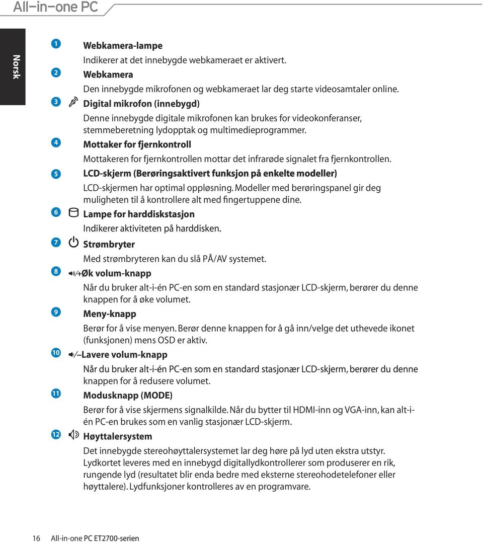 4 Mottaker for fjernkontroll Mottakeren for fjernkontrollen mottar det infrarøde signalet fra fjernkontrollen.