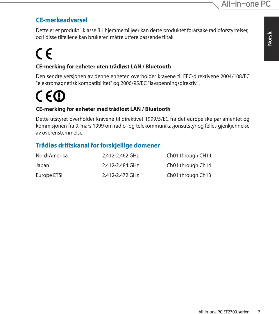 "lavspenningsdirektiv". CE-merking for enheter med trådløst LAN / Bluetooth Dette utstyret overholder kravene til direktivet 1999/5/EC fra det europeiske parlamentet og kommisjonen fra 9.