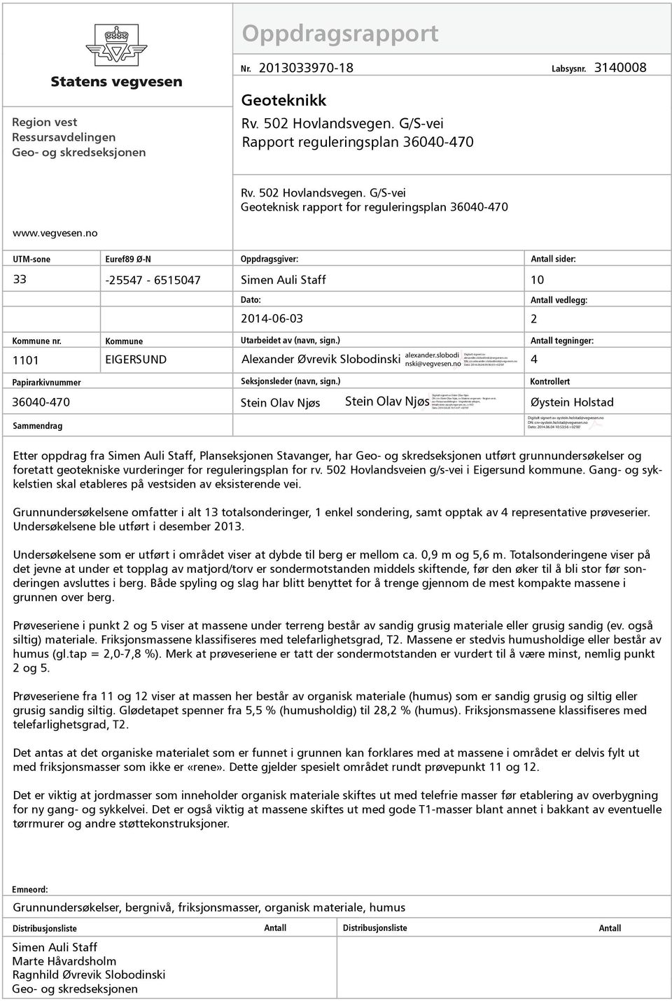 no UTM-sone Euref89 Ø-N 33-25547 - 6515047 Oppdragsgiver: Antall sider: Simen Auli Staff 10 Dato: Antall vedlegg: 2014-06-03 2 Kommune nr. 1101 Kommune EIGERSUND Utarbeidet av (navn, sign.