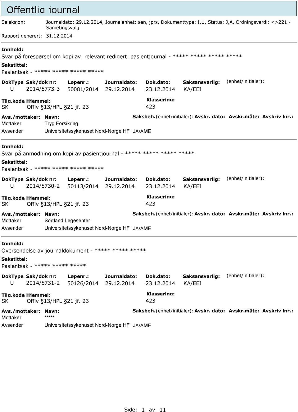 måte: Avskriv lnr.: Mottaker Tryg Forsikring JA/AME Svar på anmodning om kopi av pasientjournal - ***** ***** ***** ***** 2014/5730-2 50113/2014 KA/EE Avs./mottaker: Navn: Saksbeh. Avskr. dato: Avskr.