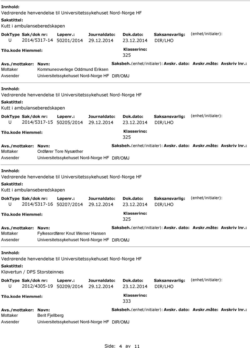 måte: Avskriv lnr.: Mottaker Ordfører Tore Nysæther DR/OMJ Vedrørende henvendelse til Kutt i ambulanseberedskapen 2014/5317-16 50207/2014 DR/LHO Avs./mottaker: Navn: Saksbeh. Avskr. dato: Avskr.