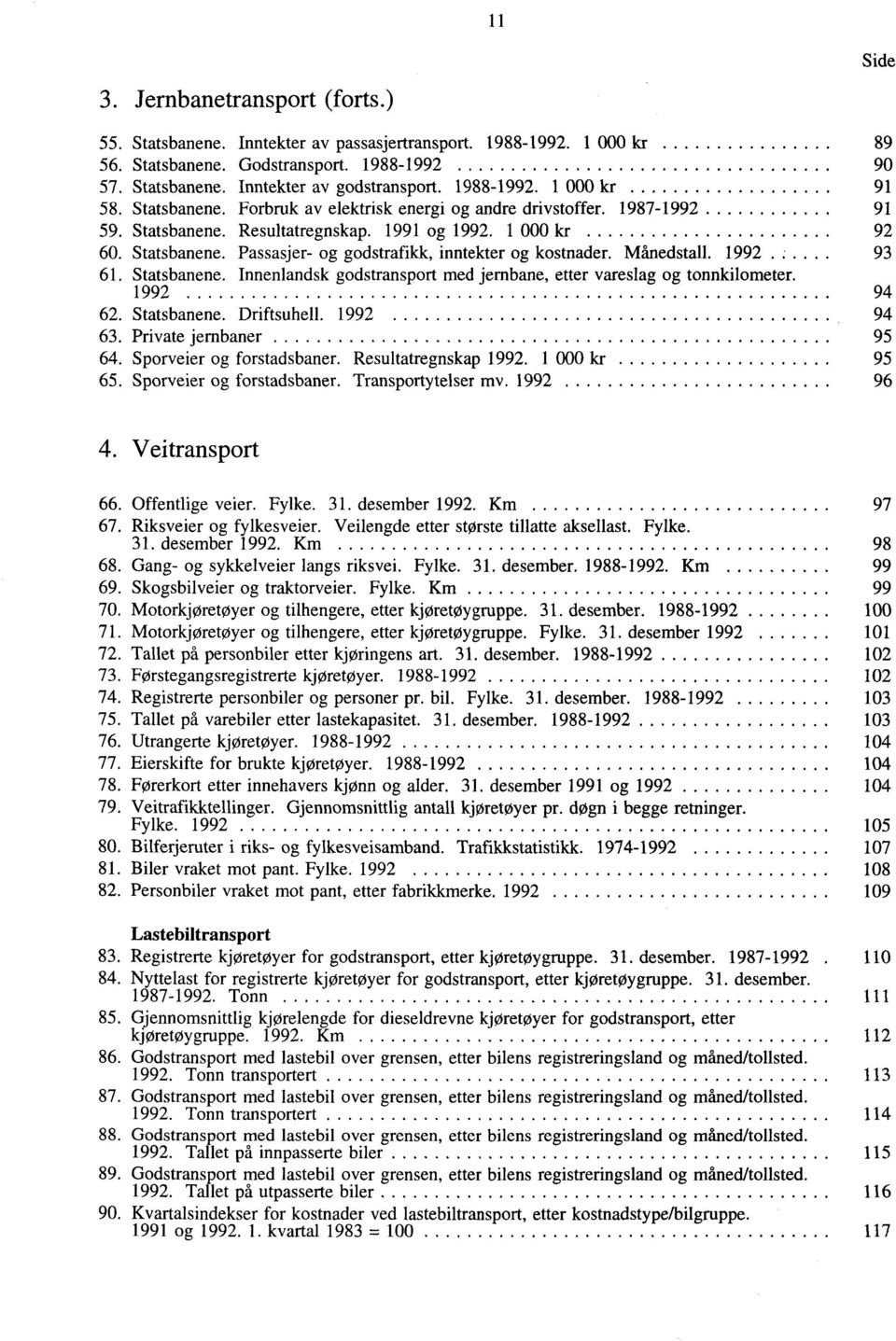 Månedstall. 1992 93 61. Statsbanene. Innenlandsk godstransport med jernbane, etter vareslag og tonnkilometer. 1992 94 62. Statsbanene. Driftsuhell. 1992 94 63. Private jernbaner 95 64.