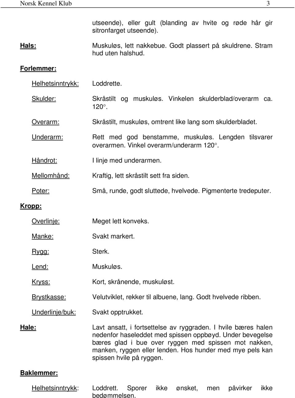 Skråstilt, muskuløs, omtrent like lang som skulderbladet. Rett med god benstamme, muskuløs. Lengden tilsvarer overarmen. Vinkel overarm/underarm 120. I linje med underarmen.