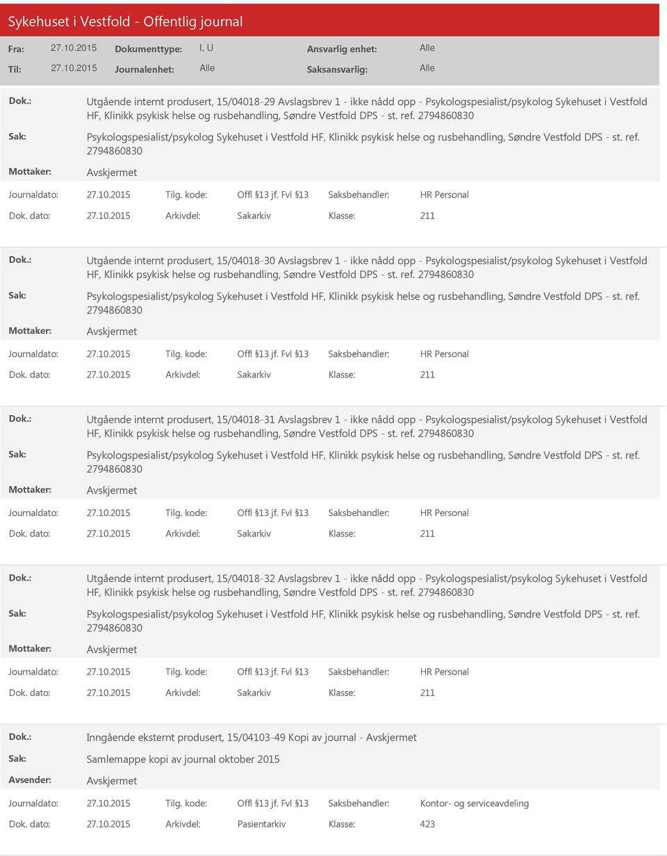 2794860830 tgående internt produsert, 15/04018-30 Avslagsbrev 1 - ikke nådd opp - Psykologspesialist/psykolog Sykehuset i Vestfold HF, Klinikk psykisk helse og rusbehandling, Søndre Vestfold DPS - st.