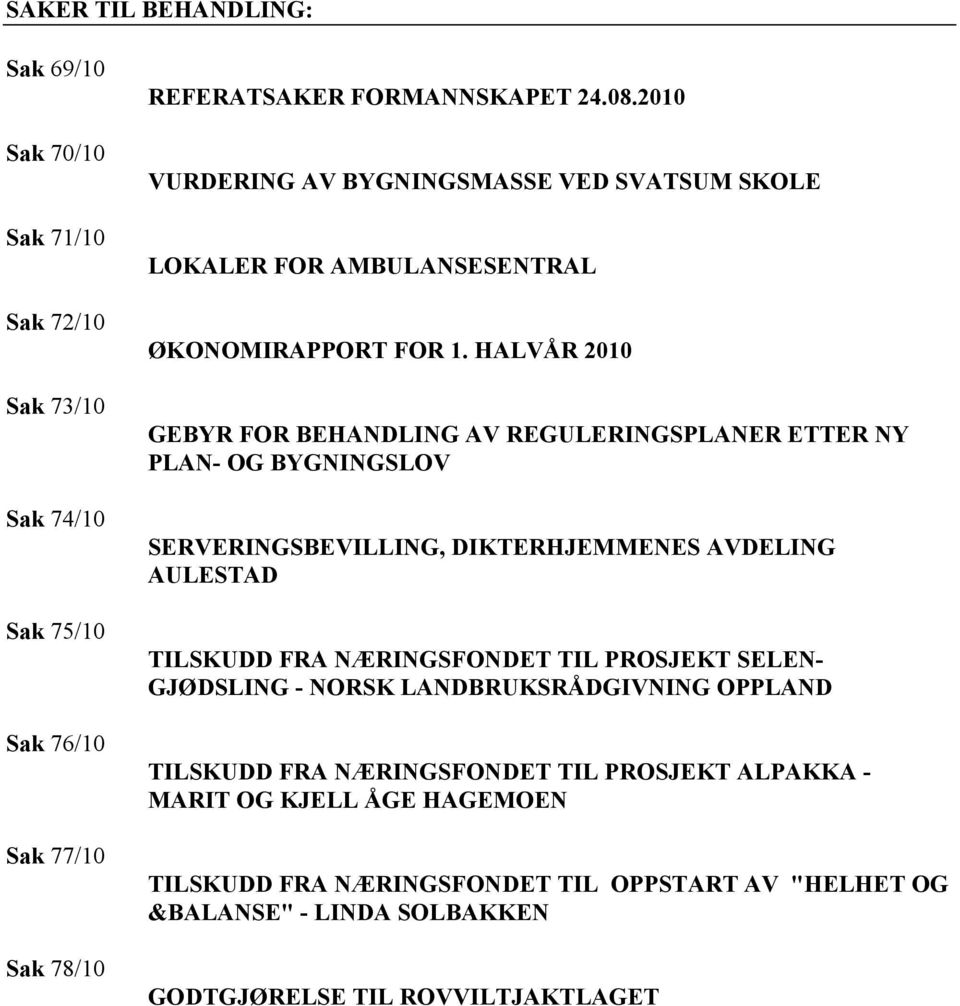 HALVÅR 2010 GEBYR FOR BEHANDLING AV REGULERINGSPLANER ETTER NY PLAN- OG BYGNINGSLOV SERVERINGSBEVILLING, DIKTERHJEMMENES AVDELING AULESTAD TILSKUDD FRA NÆRINGSFONDET TIL