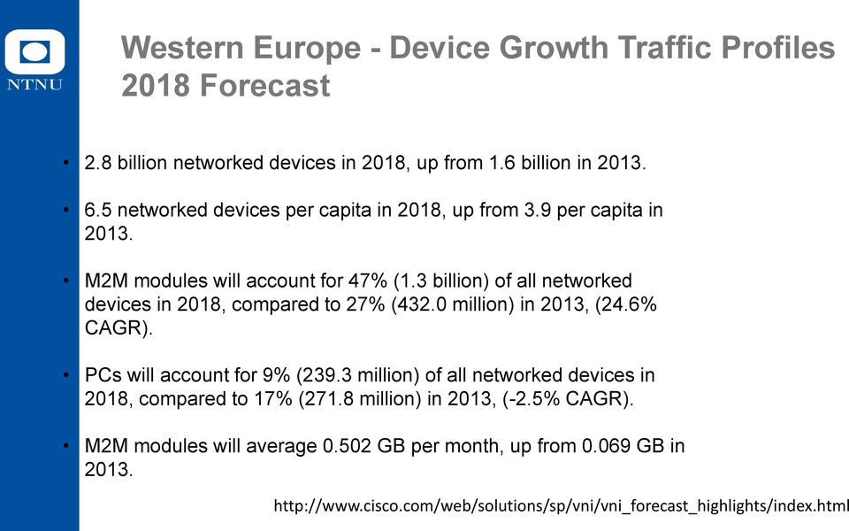 3 billion) of all networked devices in 2018, compared to 27% (432.0 million) in 2013, (24.6% CAGR). PCs will account for 9% (239.