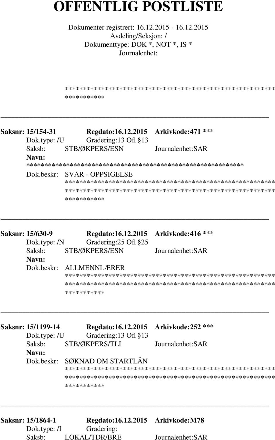 type: /N Gradering:25 Ofl 25 Saksb: STB/ØKPERS/ESN SAR Dok.beskr: ALLMENNLÆRER Saksnr: 15/1199-14 Regdato:16.12.