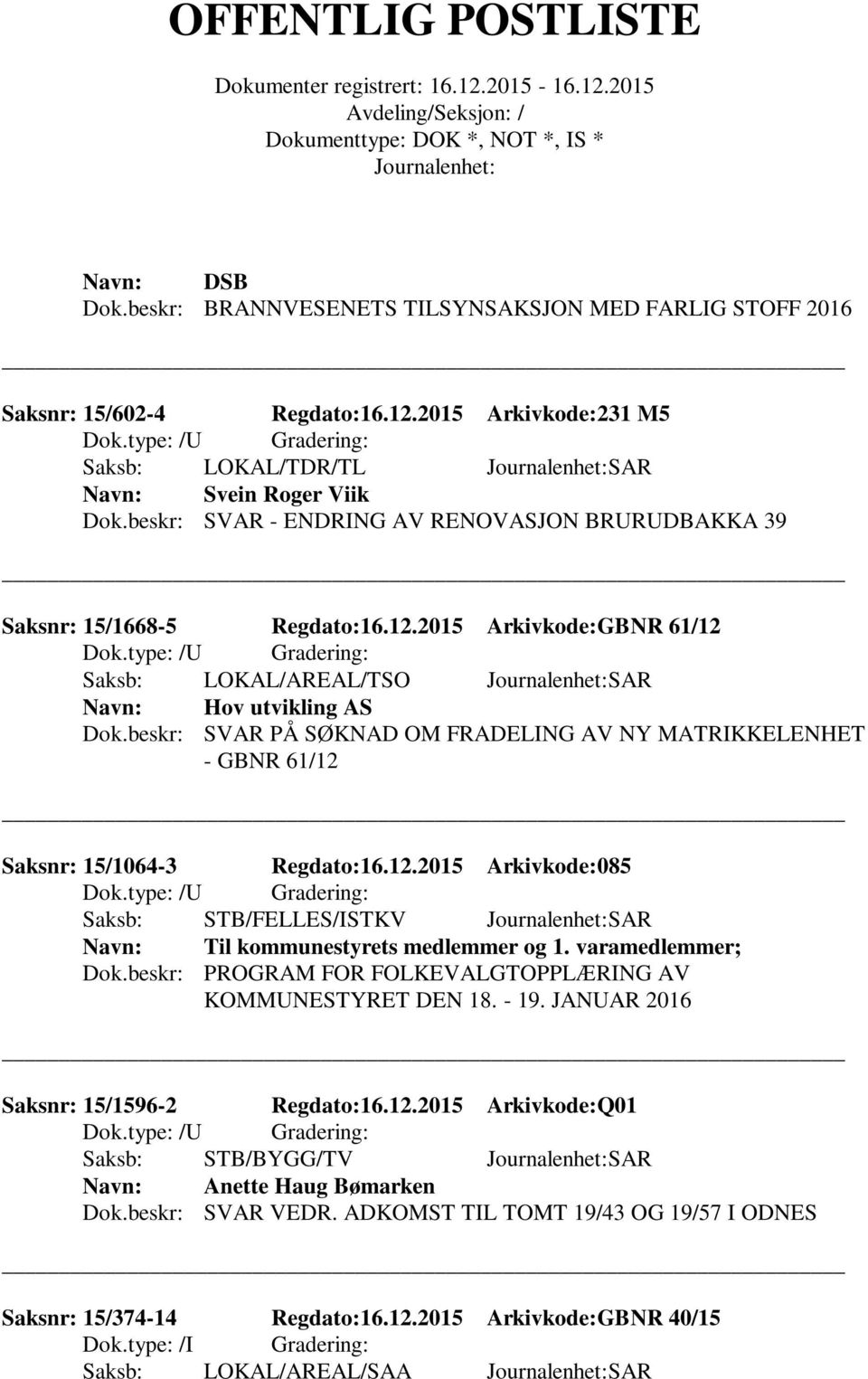 beskr: SVAR PÅ SØKNAD OM FRADELING AV NY MATRIKKELENHET - GBNR 61/12 Saksnr: 15/1064-3 Regdato:16.12.2015 Arkivkode:085 Saksb: STB/FELLES/ISTKV SAR Til kommunestyrets medlemmer og 1.