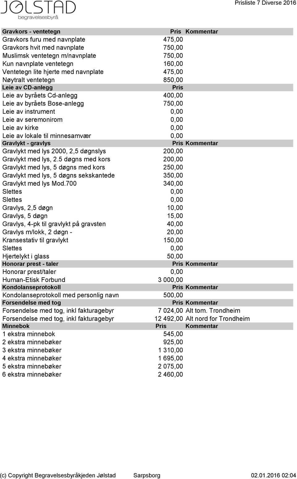 av seremonirom 0,00 0 Leie av kirke 0,00 0 Leie av lokale til minnesamvær 0,00 0 Gravlykt - gravlys Gravlykt med lys 2000, 2,5 døgnslys 200,00 0 Gravlykt med lys, 2.