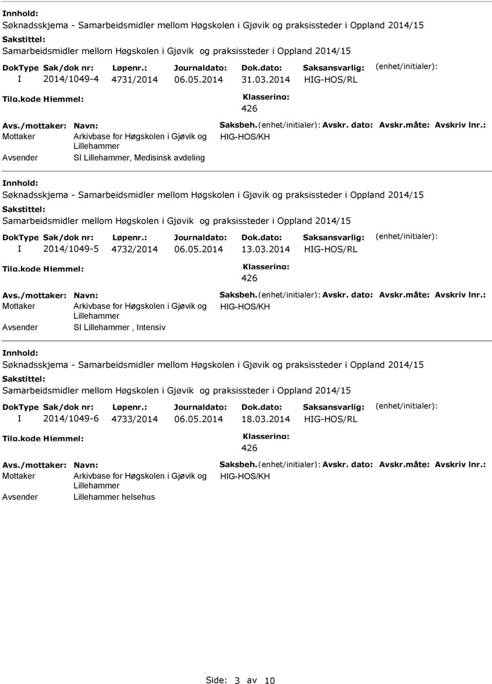 2014 HG-HO/RL Mottaker HG-HO/KH, Medisinsk avdeling øknadsskjema - amarbeidsmidler mellom Høgskolen i Gjøvik og praksissteder i Oppland 2014/15 amarbeidsmidler mellom Høgskolen i