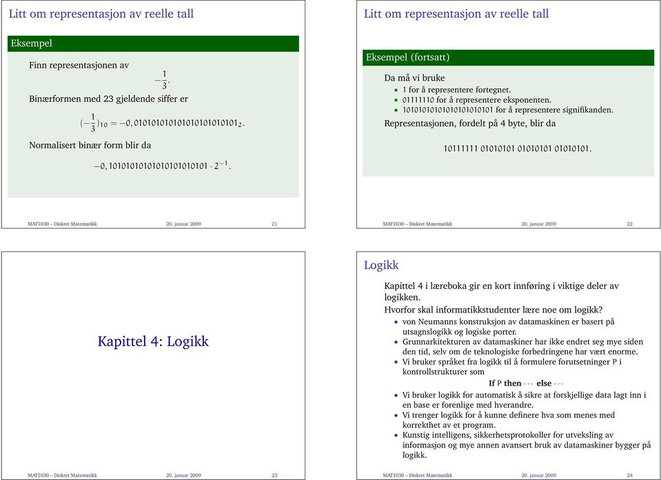 Representasjonen, fordelt på 4 byte, blir da 10111111 01010101 01010101 01010101. 0, 10101010101010101010101 2 1. MAT1030 Diskret Matematikk 20. januar 2009 21 MAT1030 Diskret Matematikk 20.