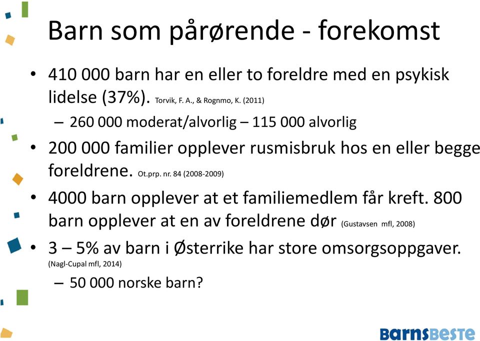 (2011) 260 000 moderat/alvorlig 115 000 alvorlig 200 000 familier opplever rusmisbruk hos en eller begge foreldrene. Ot.