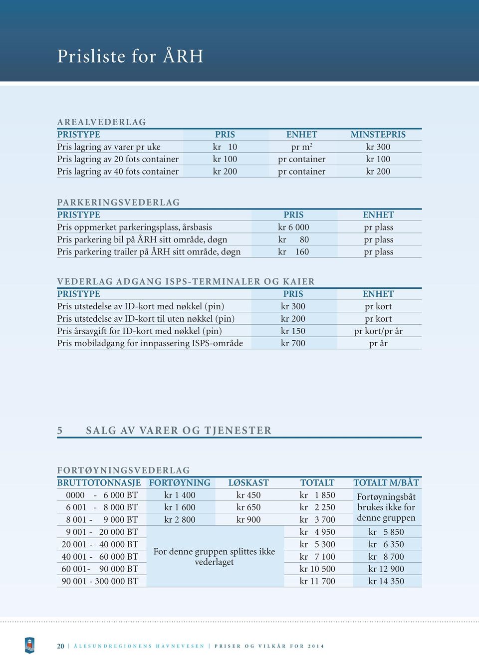 parkering trailer på ÅRH sitt område, døgn kr 160 pr plass VEDERLAG ADGANG ISPS-TERMINALER OG KAIER PRISTYPE PRIS ENHET Pris utstedelse av ID-kort med nøkkel (pin) kr 300 pr kort Pris utstedelse av
