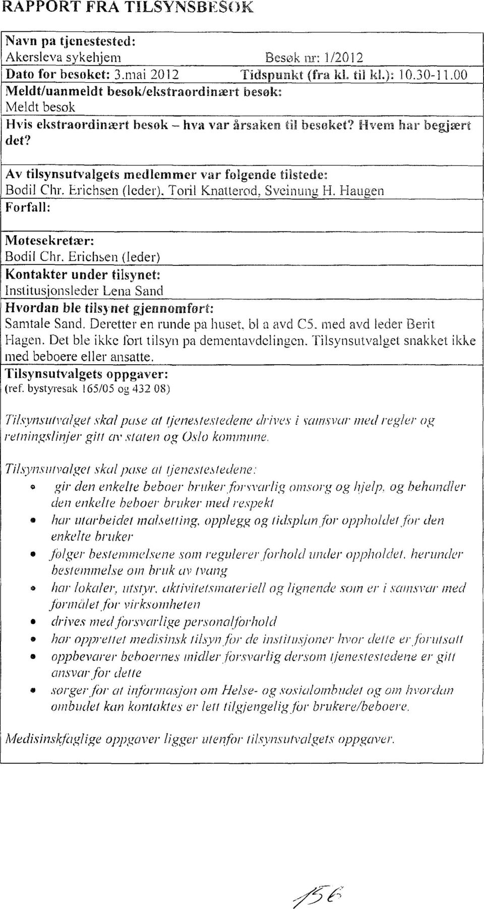 Av tilsynsutvalgets medlemmer var folgende tiistede: Bodil Chr. Erichsen (leder), Toril Knatterød, Sveinung H. HauQen Forfall: Motesekretær: Bodil Chr.