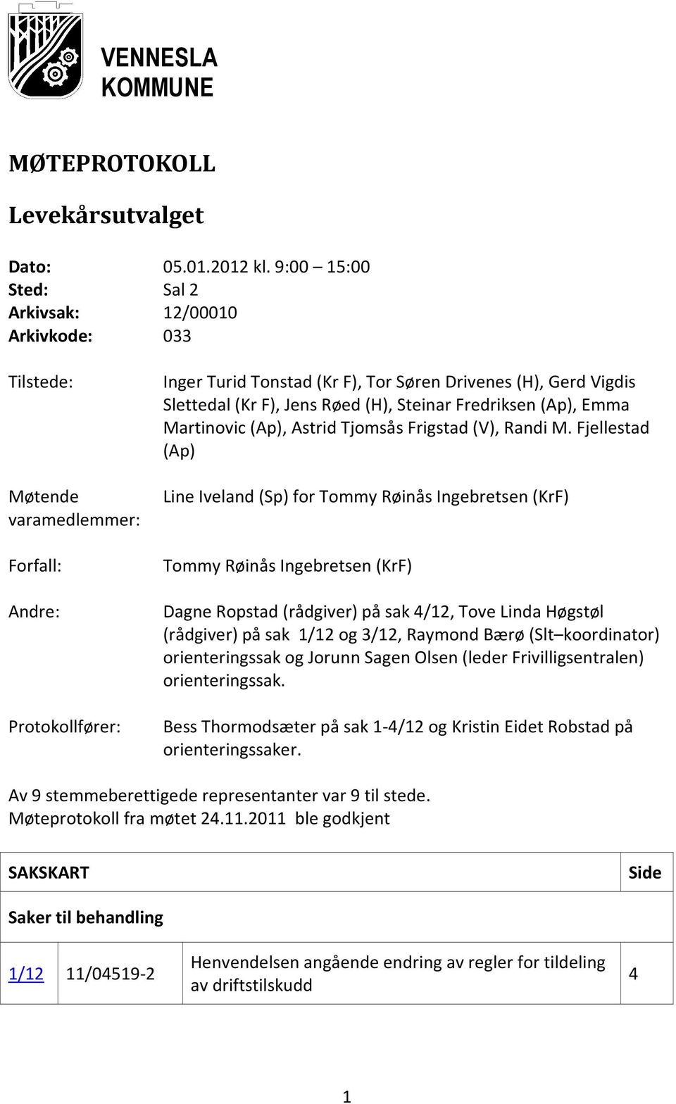 F), Jens Røed (H), Steinar Fredriksen (Ap), Emma Martinovic (Ap), Astrid Tjomsås Frigstad (V), Randi M.