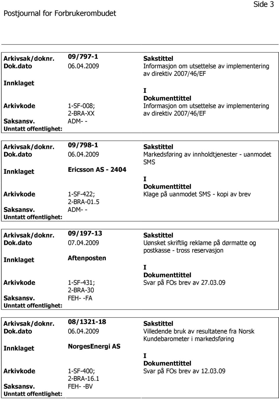 09/798-1 Sakstittel Dok.dato 06.04.2009 Markedsføring av innholdtjenester - uanmodet SMS nnklaget Ericsson AS - 2404 Arkivkode 1-SF-422; 2-BRA-01.5 Klage på uanmodet SMS - kopi av brev Arkivsak/doknr.