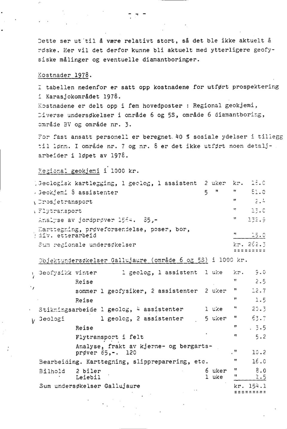 Kostnadeneer delt opp i fem hovedposter: Regionalgeokjemi, Liverse undersøkelseri område 6 og 5S, område 6 diamantboring, område EV og område nr. 3. For fast ansatt personeller beregnet.