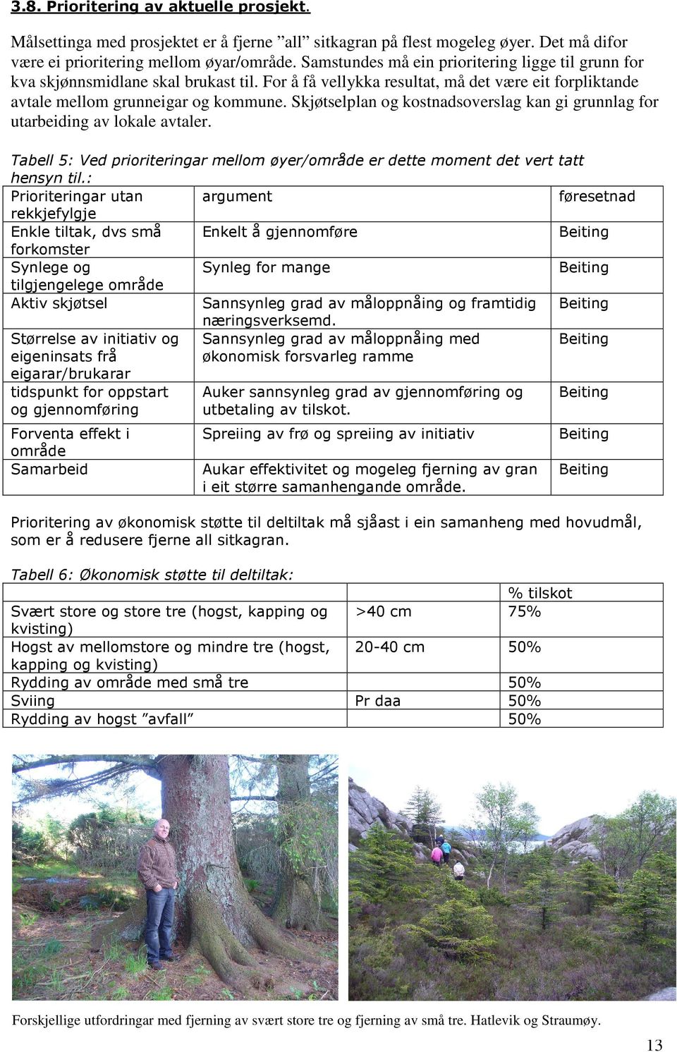 Skjøtselplan og kostnadsoverslag kan gi grunnlag for utarbeiding av lokale avtaler. Tabell 5: Ved prioriteringar mellom øyer/område er dette moment det vert hensyn til.