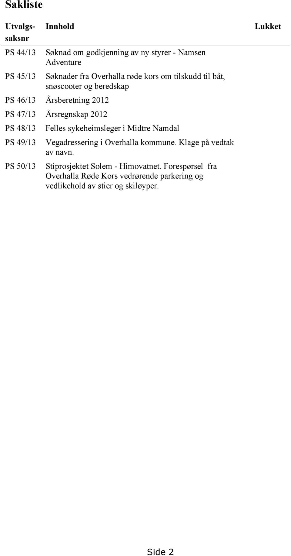 PS 50/13 Felles sykeheimsleger i Midtre Namdal Vegadressering i Overhalla kommune. Klage på vedtak av navn.