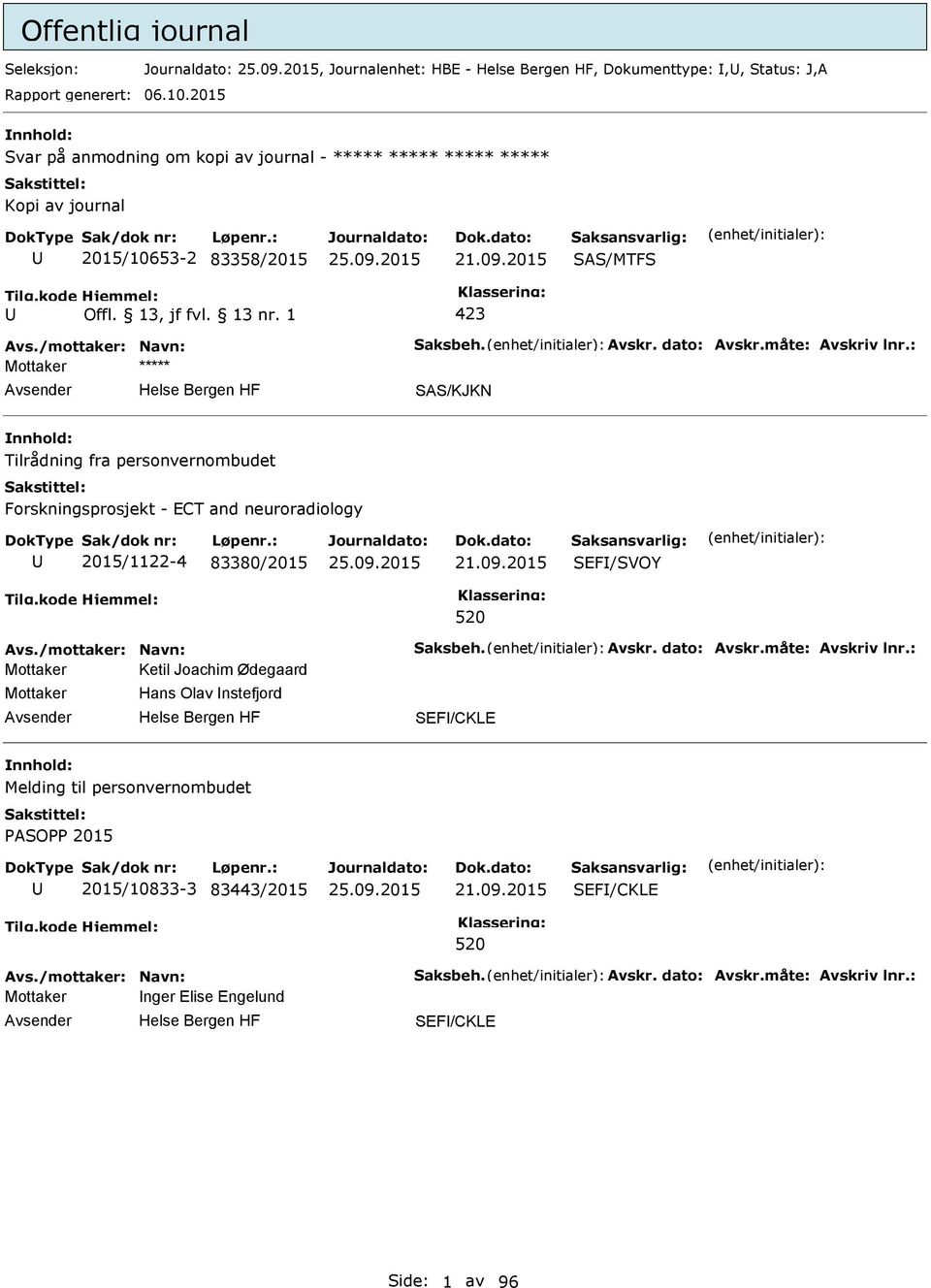 : SAS/KJKN Tilrådning fra personvernombudet Forskningsprosjekt - ECT and neuroradiology 2015/1122-4 83380/2015 21.09.2015 SEF/SVOY 520 Avs./mottaker: Navn: Saksbeh. Avskr. dato: Avskr.