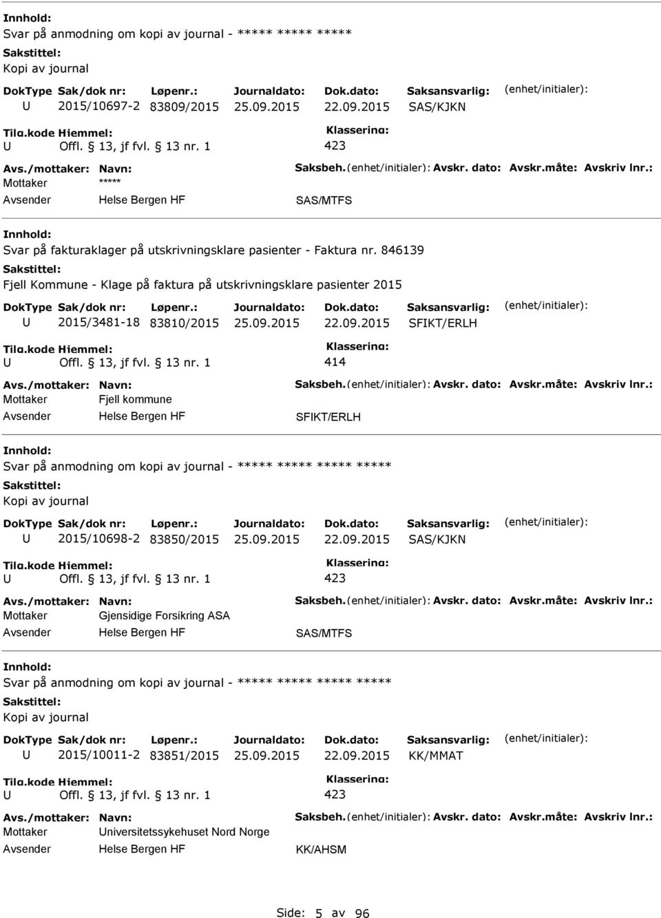 2015 SFKT/ERLH 414 Avs./mottaker: Navn: Saksbeh. Avskr. dato: Avskr.måte: Avskriv lnr.