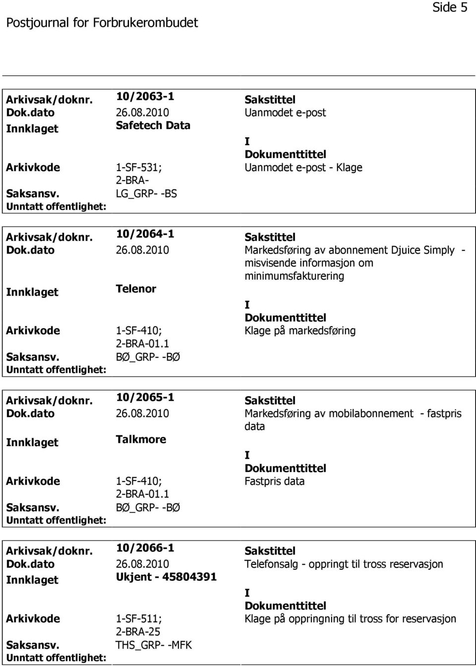 2010 Markedsføring av abonnement Djuice Simply - misvisende informasjon om minimumsfakturering nnklaget Telenor 1-SF-410; Klage på markedsføring BØ_GRP- -BØ Arkivsak/doknr.