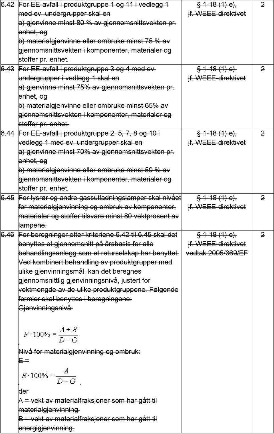 undergrupper i vedlegg skal en a) gjenvinne minst 75% av gjennomsnittsvekten pr. enhet, og b) materialgjenvinne eller ombruke minst 65% av gjennomsnittsvekten i komponenter, materialer og stoffer pr.