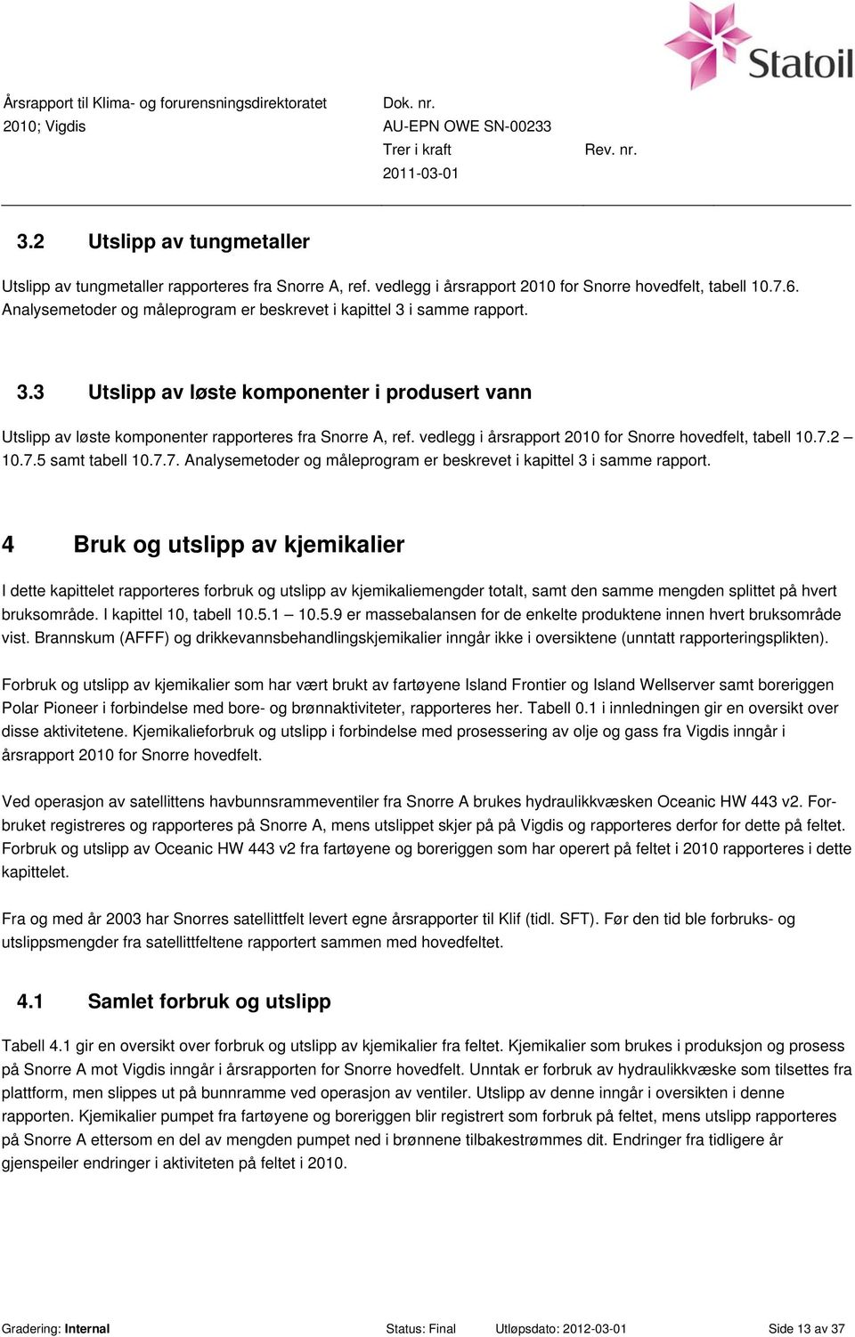 vedlegg i årsrapport 2010 for Snorre hovedfelt, tabell 10.7.2 10.7.5 samt tabell 10.7.7. Analysemetoder og måleprogram er beskrevet i kapittel 3 i samme rapport.